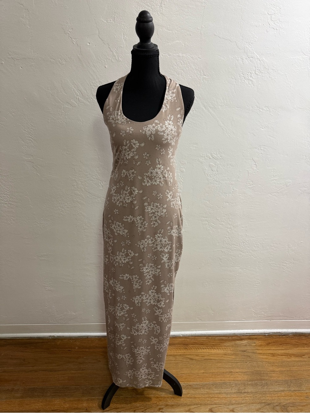 Taupe Floral Scoop-Neck Maxi Dress